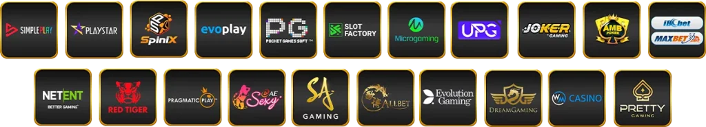 รวมโลโก้ค่ายเกมคาสิโนชั้นนำของ kodruay168 เช่น PG SLOT, JOKER, SA Gaming, Evolution, Microgaming และค่ายดังอื่น ๆ